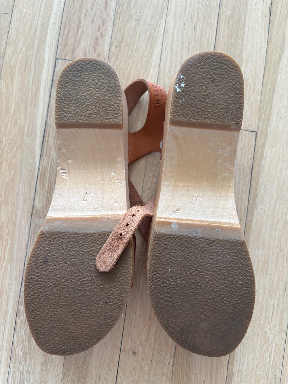 Swedish Hasbeens Cognac Leather Platform Sandals with Pink Insole - Picture 3 of 6